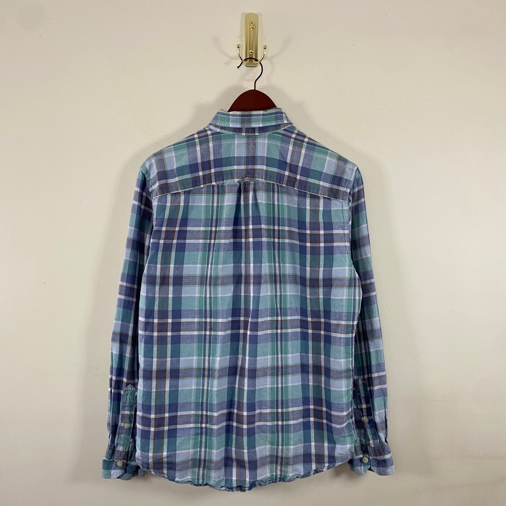 American Eagle Plaid Button Up Mens Medium Cotton Linen Blue Green Flannel - Picture 5 of 8